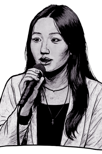 Artistic black and white illustration of Danica Sun speaking into a microphone